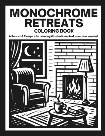 Cover of MONOCHROME RETREATS: Relaxing Stress Relief Coloring Book For Teens, Adults And All Ages With Peaceful Illustrations to Color With One Black Pen