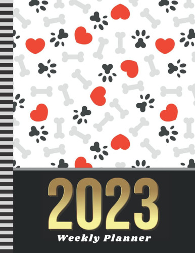 Cover of 2023 Weekly Planner: Dated 8.5x11 52-Week Organizer With To Do List - Notes Section - Habit Tracker / Jan to Dec Calendar / Life Planning / Christmas ... / Dog Paw Print Red Heart Bone - Art Pattern