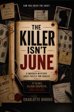 Cover of The Killer Isn’t June: A Murder Mystery Logic Puzzle for Adults - 17 Clues. 43,000 Suspects. One Killer. Can You Prove Who Did It?