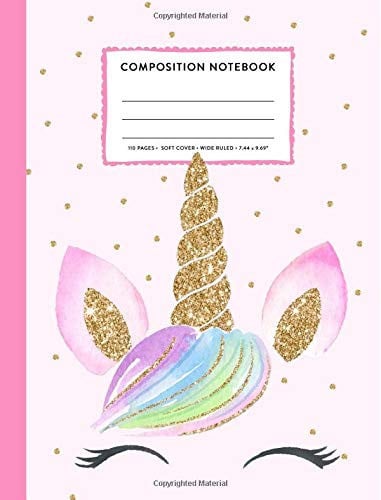 Cover of Composition Notebook Cute Rainbow Unicorn Face Pink Gold Wide Ruled Primary Copy Book, SOFT Cover Girls Kids Elementary School Supplies Student Teacher Daily Creative Writing Journal, 110 Pages