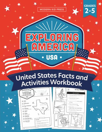 Cover of Exploring America: United States Geography Workbook for Kids - Fact-Filled Activities, History, Capitals for All 50 States and Coloring