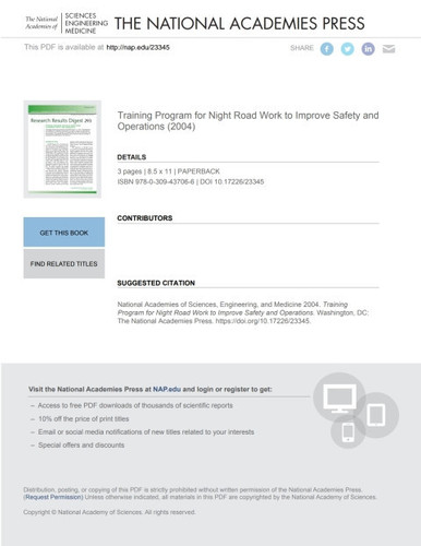 Cover of Training Program for Night Road Work to Improve Safety and Operations