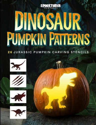 Cover of Dinosaur Pumpkin Patterns: 26 Jurassic Pumpkin Carving Stencils Including T-Rex, Velociraptor, Triceratops, Spinosaurus, and More! (Spooktober Pumpkin Carving)