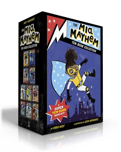 Cover of The Mia Mayhem Ten-Book Collection (Boxed Set) Mia Mayhem Is a Superhero!; Learns to Fly!; Vs. The Super Bully; Breaks Down Walls; Stops Time!; Vs. The Mighty Robot; Gets X-Ray Specs; Steals the Show!; and the Super Family Field Day; and the Super Switcheroo
