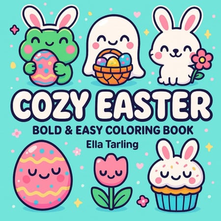 Cover of Cozy Easter – A Hygge-Inspired Bold & Easy Coloring Book for Kids and Adults: 40 Cute & Simple Designs for Relaxation, Mindfulness & Spring Fun