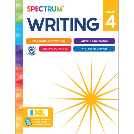 Cover of Spectrum 4th Grade Writing Workbook, 192-Page Book Covering Creative, Narrative, Opinion, and Informative Writing Practice