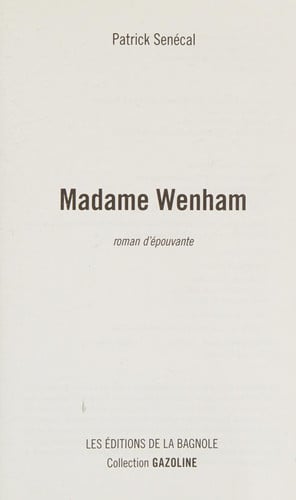 Cover of Madame Wenham Roman D'épouvante