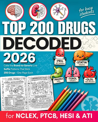 Cover of Top 200 Drugs Decoded: The Visual Way to Master Pharmacology — Color, Connect & Recall Drug Names by Brand, Generic & Suffix in a Coloring Book & ... PTCB, HESI & ATI (Busy Students Series)