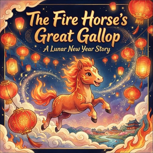 Cover of The Fire Horse’s Great Gallop: A Lunar New Year Book for Kids: A Heartwarming Chinese Zodiac Story of Bravery, Luck, and Traditions (Year of the Horse)